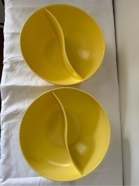Pair of MCM partitioned serving bowls in Canary